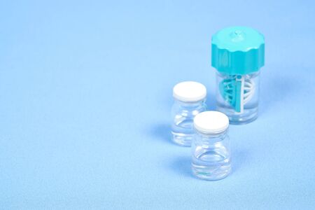 Contact lens case. Close-up of the contact lens disinfection container with cleaning solution.の写真素材