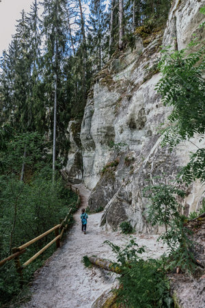 A girl tourist walks along a trail in the forest among the rocksの写真素材