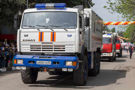 The machine of mobile hospital of Emercom of Russia on parade in honor of anniversary of the Victory in the Second World War in Pyatigorskのeditorial素材