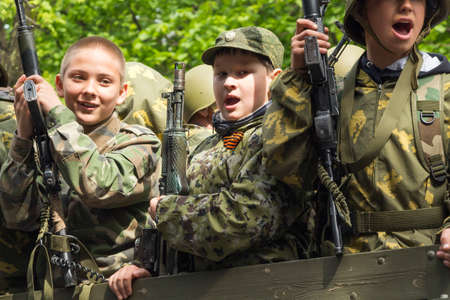 PYATIGORSK, RUSSIA - MAY 9 2014  Victory Day in WWII  Young gunners of the militarized column of military equipment on paradeのeditorial素材