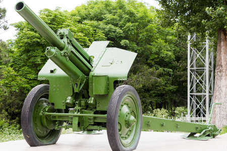 Pyatigorsk, Russia - May 25 2014  Artillery gun of times of World War II on a pedestal at the Memorial of Military Glory  Front viewのeditorial素材