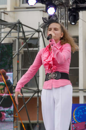 Pyatigorsk, Russia - June 1, 2014  Children s Day  The young singer on stage  free concert のeditorial素材