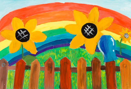 Pyatigorsk, Russia - June 1, 2014  Children s Day  Rustic fence and sunflowers on a background of the rainbow  Children s drawing  Job participated in children s drawing competition, held in the town square  Author of picture is unknown のeditorial素材