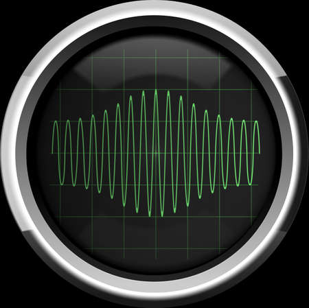 Sinusoidal signal with amplitude modulation  AM  on the oscilloscope screen in green tones, backgroundの写真素材