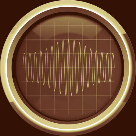Sinusoidal signal with amplitude modulation (AM) on the oscilloscope screen in brown tones, backgroundの写真素材