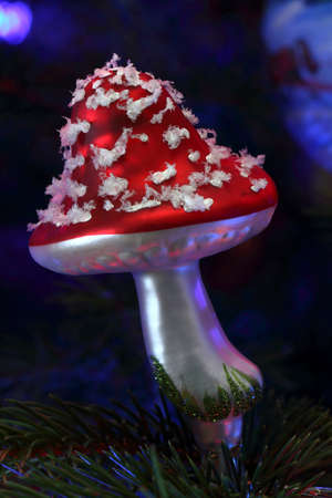Christmas toy in the form of a fly agaric (fly amanita or Amanita muscaria)の写真素材