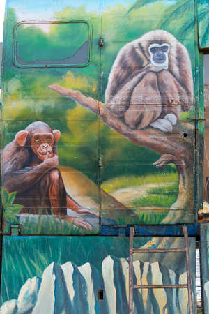 PYATIGORSK, RUSSIA - JANUARY 6, 2015: Drawn two monkeys on a mobile trailer Moscow Zoo \"Safari\"のeditorial素材