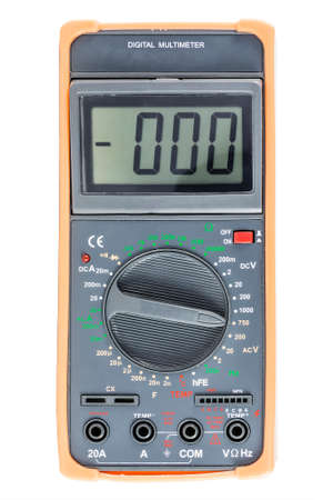 Black Digital Multimeter with orange bumper on white, front view