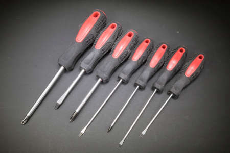 Set of six screwdrivers on a dark backgroundの写真素材