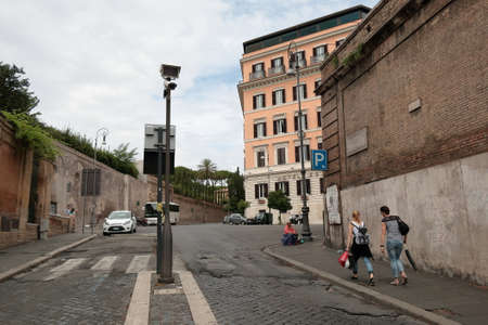 Rome, Italy - August 16, 2015: Roman ancient street with paving stones on a cloudy dayのeditorial素材