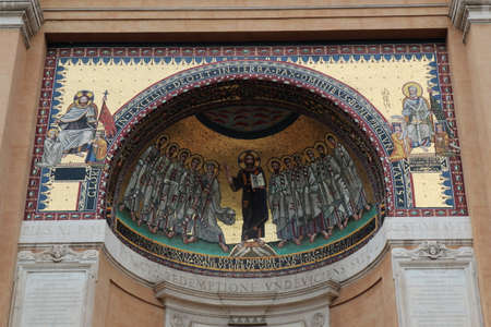 Detail mosaics of exterior Scala Sancta Holy Stairs building. Italy, Rome, Piazza di Porta S. Giovanni, 10.のeditorial素材