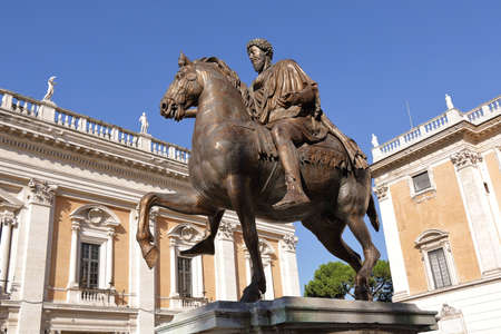 Equestrian statue of Marcus Aurelius on a Capitoline hill in Rome, Italyの写真素材