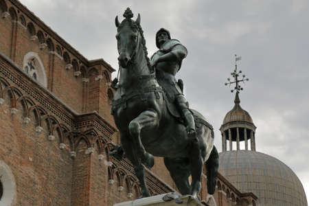 Venice, Italy - August 21, 2015: The equestrian statue in 1488 of Bartolomeo Colleoni by Verrocchio in Venice against the stormy skyのeditorial素材