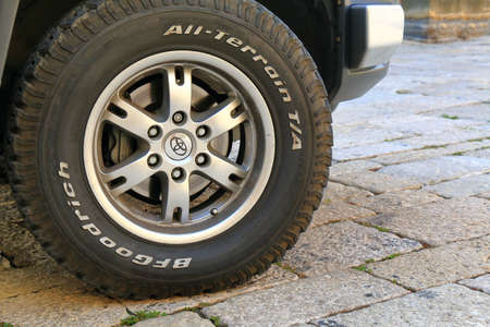 San Marino, Italy - August 16, 2015: Wheel of the off-road Toyota car with BFGoodrich tires close-upのeditorial素材