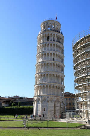 Pisa, Italy - August 20, 2015: View of the Tower of Pisa from the Pisa Cathedral (in the scaffolding for restoration work)のeditorial素材
