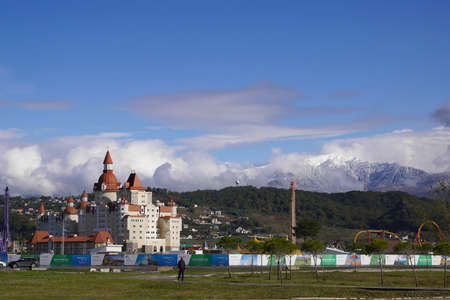 Adler, Russia - November 1, 2016: Hotel Bogatyr, mountains and attractions of Sochi-Park in Adler, Krasnodarsky krai, Russiaのeditorial素材