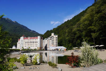 Sochi, Russia - August 21, 2016: View of Rosa Beach and Hotel. Alpine ski Resort Rosa Khutor - popular center of skiing and snowboard, venue for the 2014 winter Olympicsのeditorial素材