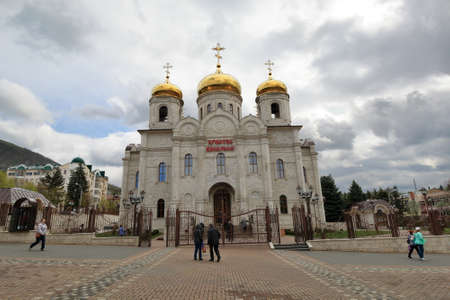 Pyatigorsk, Russia - April 25, 2017: People near the Cathedral of Christ the Savior in Pyatigorsk on a cloudy day. Northern Caucasus, Stavropol Region, Russiaのeditorial素材