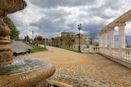 View from the colonnade on Gagarin Boulevard towards the building of the Pirogov Baths. Pyatigorsk, Russiaのeditorial素材
