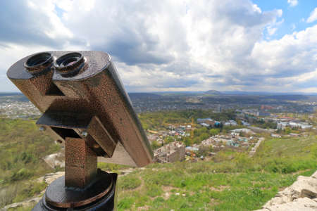 Stationary observation binoculars next to the gazebo "Eolova Arfa" in Pyatigorsk, Russiaの写真素材
