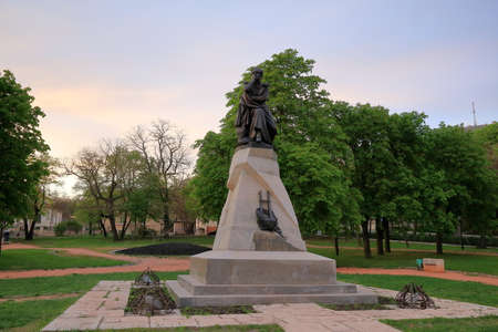 Pyatigorsk, Russia - April 30, 2017: The bronze monument to the Russian poet Lermontov at sunset. Pyatigorsk, Russia.のeditorial素材