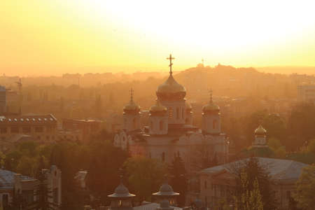 View of the Cathedral of Christ the Savior in Pyatigorsk at sunset in the backlight. Northern...