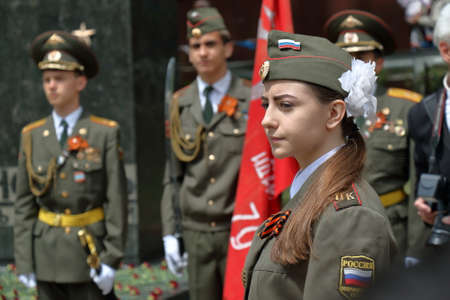 Pyatigorsk, Russia - May 9, 2017: Honor Guard near the memorial of the Eternal Flame in Pyatigorsk. Celebration of the Victory Day in the Second World War.のeditorial素材