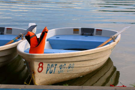 Pyatigorsk, Russia - May 13, 2017: The white boat with a life jacket on the mooring