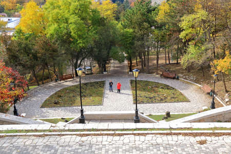 Pyatigorsk, Russia - October 28, 2017: Walking tourists along the Elizabeth Park. View from the Academic Gallery in Pyatigorsk.のeditorial素材