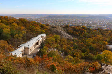 Autumn. View from the Goryachaya mountain (spur of Mount Mashuk) to the Elisabeth (Academic) Gallery. Built in 1851 by the project of Samuel Upton in Pyatigorsk,Northern Caucasus, Russiaの写真素材