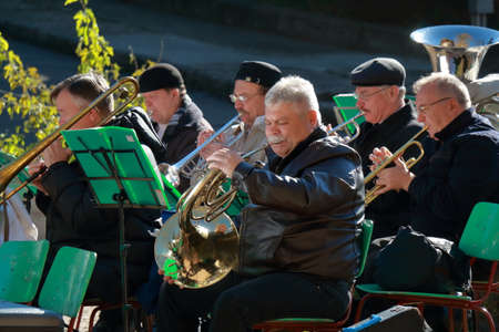 Pyatigorsk, Russia - November 4, 2017: Musicians with blown musical instruments at a free concert in the public park Tsvetnik. Celebrating the National Unity Day in Russiaのeditorial素材