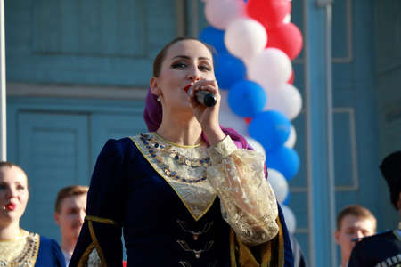 Pyatigorsk, Russia - November 4, 2017: The Cossack chorus sings the Cossack folk songs. Soloist of chorus close up. Festival in honor of National Unity Day in Tsvetnik Parkのeditorial素材