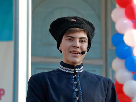 Pyatigorsk, Russia - November 4, 2017: Portrait of the Cossack Choir singer close-up. Festival in honor of National Unity Day in Tsvetnik Park in Pyatigorsk, Stavropol Region, Russiaのeditorial素材