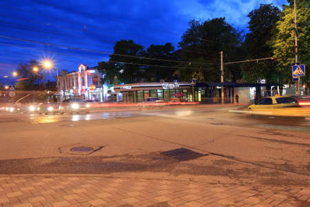 Pyatigorsk, Stavropol Region, Russia - May 8, 2017: Night view at the crossroads of Kirov Avenue and Dzerzhinsky Street in Pyatigorskのeditorial素材