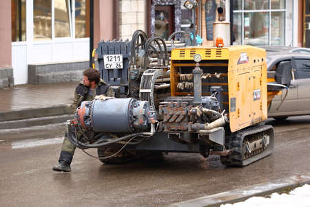 Pyatigorsk, Russia - January 29, 2018: Horizontal Directional Drilling Rig XCMG XZ180 moving on a street in Pyatigorskのeditorial素材