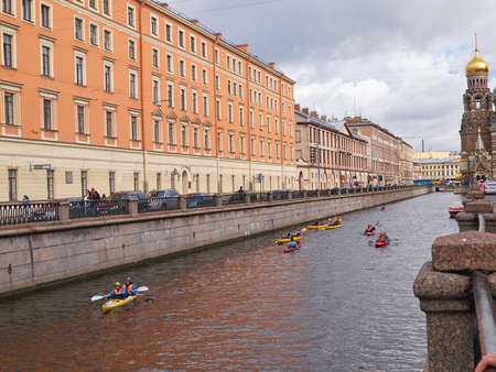 St. Petersburg, Russia - August 6, 2017: Journey through the Griboedov canal of St. Petersburg. View of beautiful ancient buildingsのeditorial素材