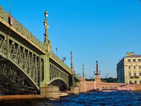 St. Petersburg, Russia - August 8, 2017: Details of the Trinity Bridge (Troitskiy Most in Russian) in Saint Petersburg. This bascule bridge is a landmark of Art Nouveau design.のeditorial素材