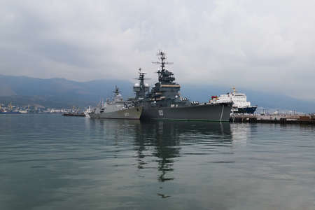 Novorossiysk, Russia - August 15, 2017: Soviet light cruiser Mikhail Kutuzov in Tsemes Bay in Black Sea. From July 28, 2002 this warship is opened to the public as a museum ship in Novorossiyskのeditorial素材