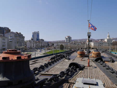Novorossiysk, Russia - April 3, 2018: View of the deck and flag of the Soviet light cruiser Mikhail...