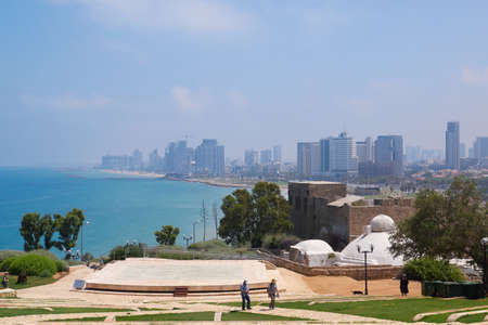 Tel Aviv-Jaffa, Israel - June 5, 2017: Beautiful view of the Tel Aviv with skyscrapers on the coastline of Mediterranean Sea from the Amphitheater in the Abrasha Park in Old Jaffaのeditorial素材