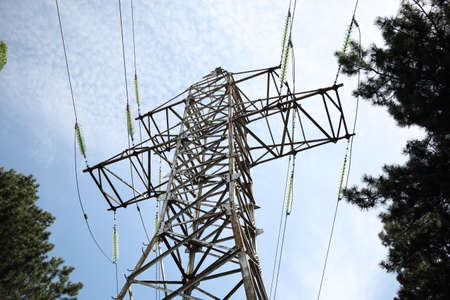 Cables and modular suspension insulators for overhead power line. Transmission tower