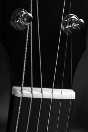 Guitar head with tuning pegs, six strings and nut close-up. Monochrome imageの写真素材