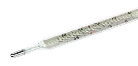 Old mercury medical thermometer close-up isolated on white background. The scale in Celsius Degrees. The concept of diseaseの写真素材