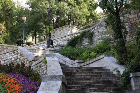 Old stone staircase in a Public Park near Academic Gallery (historical name is Elizabeth Gallery, built in 1851). Pyatigorsk, Russiaの写真素材