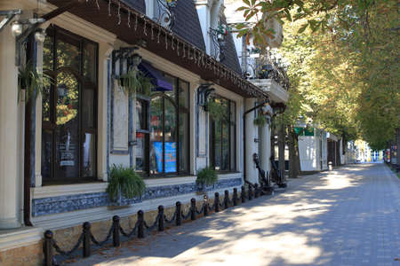 Pyatigorsk, Russia - August 17, 2018: View of the Kirov Avenue with Admiral Restaurant building in Pyatigorsk at summer morningのeditorial素材
