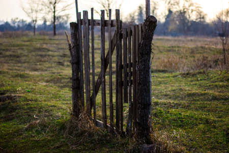 a lonely door without a fence, with the background on the concept of the only true path. Evening...