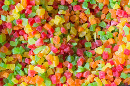 candied fruit rows full frame closeup top view, texture of multi-colored candied fruits.の写真素材