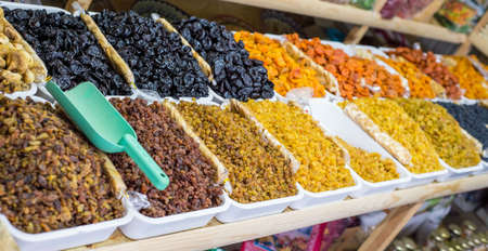 general plan of the store counter with the sale of a variety of dried fruits. High-calorie nutrition...