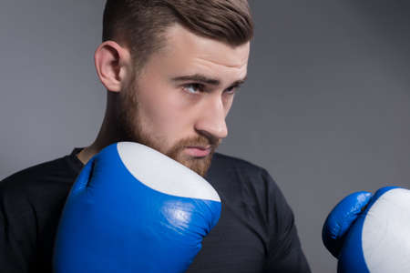 Close-up of a bearded aggressive athlete in boxing gloves, getting ready, stabs. On a gray background. Boxing, MMA, martial arts, sports and health.の写真素材