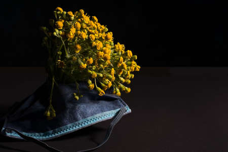 grow flowers from a medical protective mask. The concept of ending the coronavirus infection...
